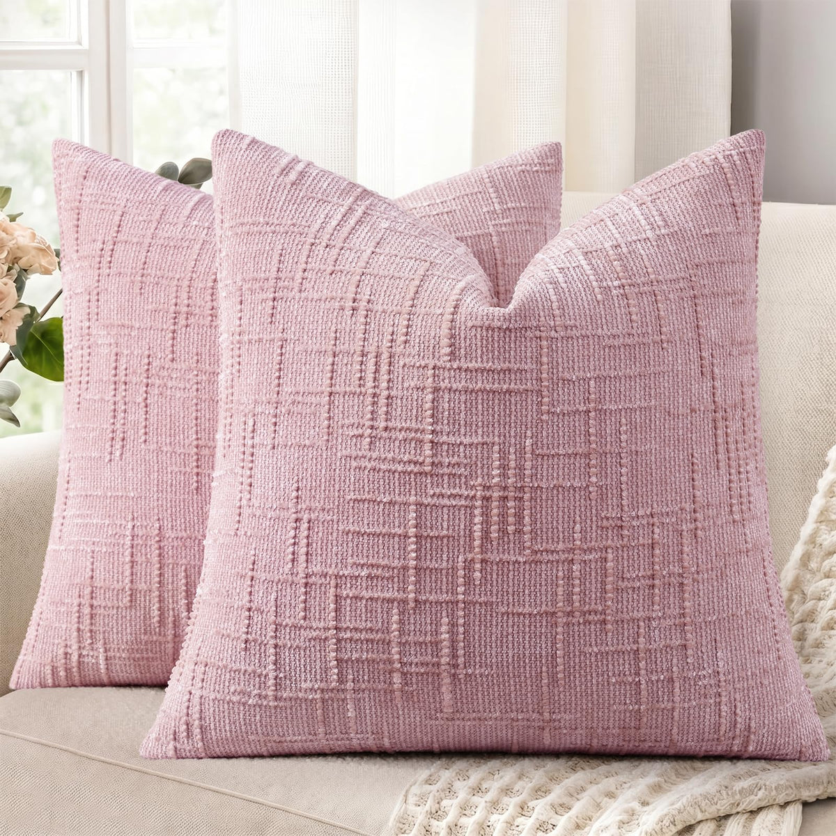 decorUhome Textured Chenille Throw Pillow Covers 18x18 Set of 2 Cream White