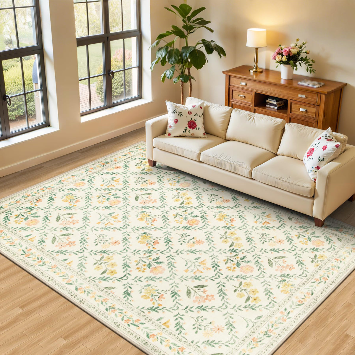 PLHXFR Area Rug Living Room: 5x7 Floral Washable Boho Carpet Dark Green