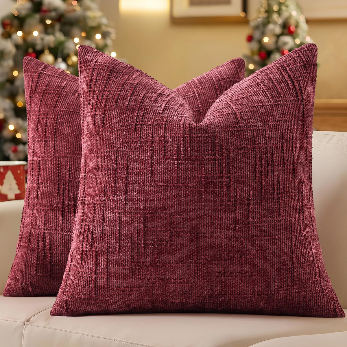 decorUhome Textured Chenille Throw Pillow Covers 18x18 Set of 2 Cream White
