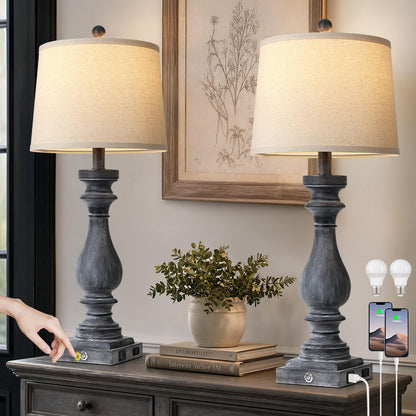Cinkeda 29" Tall Table Lamp for Living Room Set of 2,Farmhouse Nightstand Bedside Lamps with USB C+A Ports & AC Outlet,3-Way Dimmable Touch Control Desk Lamp for Bedroom,Color 1