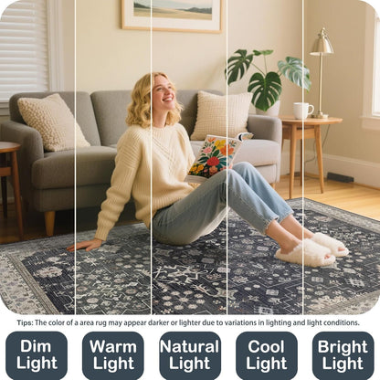 8x10 Washable Area Rugs for Living Room (Charcoal Blush Ivory)