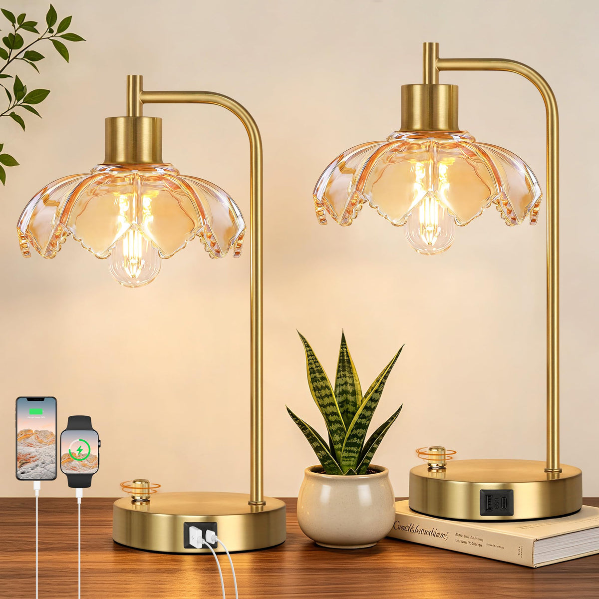 Green Glass Table Lamps Set of 2, Dimmable Bedside Lamps for Living Room