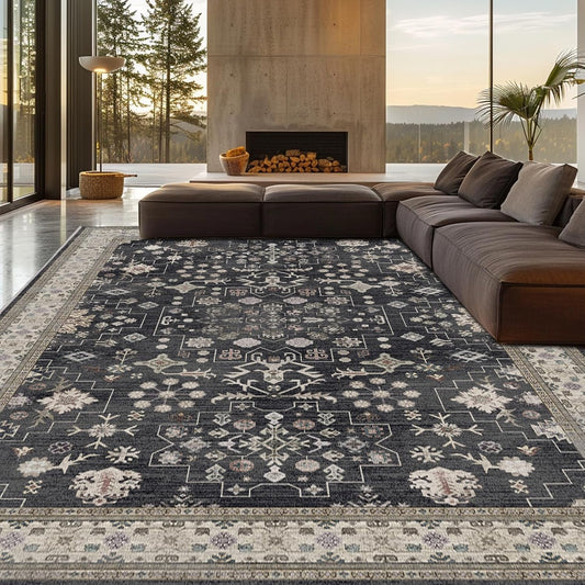 8x10 Washable Area Rugs for Living Room (Charcoal Blush Ivory)