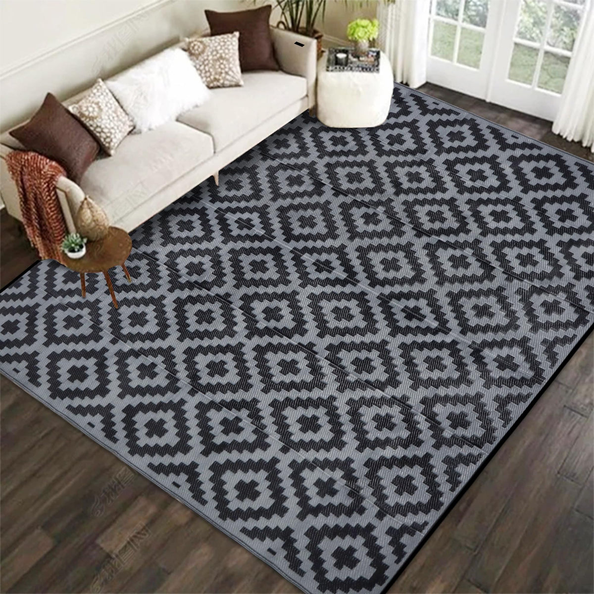 SAND MINE Waterproof Outdoor Rug 5x8 ft, Plastic Reversible Rug, Modern Area Rug, Large Floor Mat for Outdoors, RV, Patio, Backyard, Deck, Picnic, Beach, Camping, Black & Beige