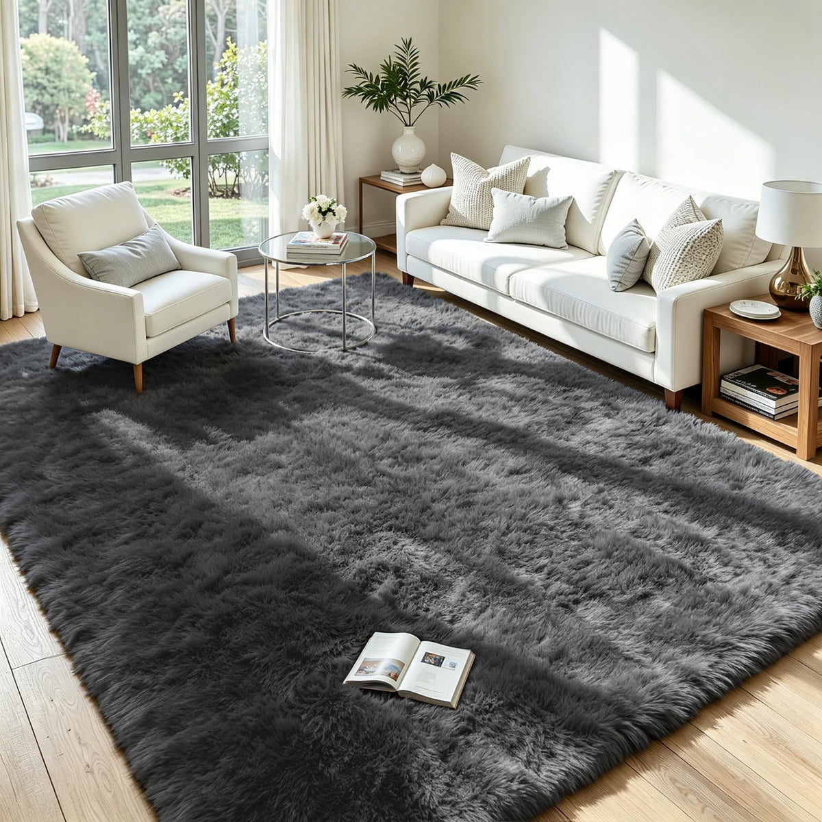 8x10 Fluffy Area Rug for Living Room: Non-Slip Grey Camel Bedroom Carpet