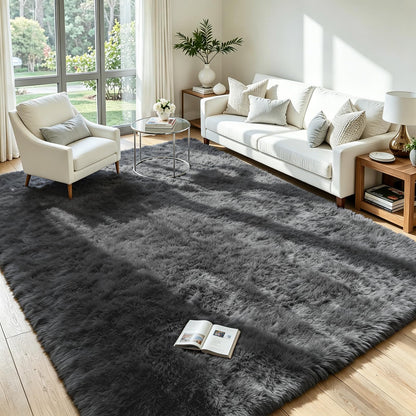 8x10 Fluffy Area Rug for Living Room: Non-Slip Grey Camel Bedroom Carpet