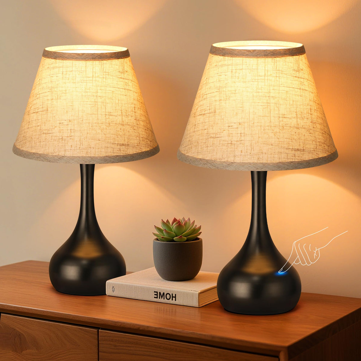 Touch Table Lamp for Bedroom Set of 2, 3-Way Dimmable Bedside Lamp for Nightstand, 17” Modern Metal Desk Lamp with Linen Shade for Living Room, Kids Reading, Dorm, Home Office Decor, Bulb Included