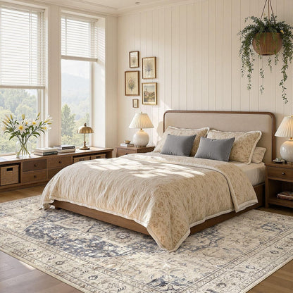 Tortania Area Rug 5x7 Living Room Rug Washable Soft Cream/Blue