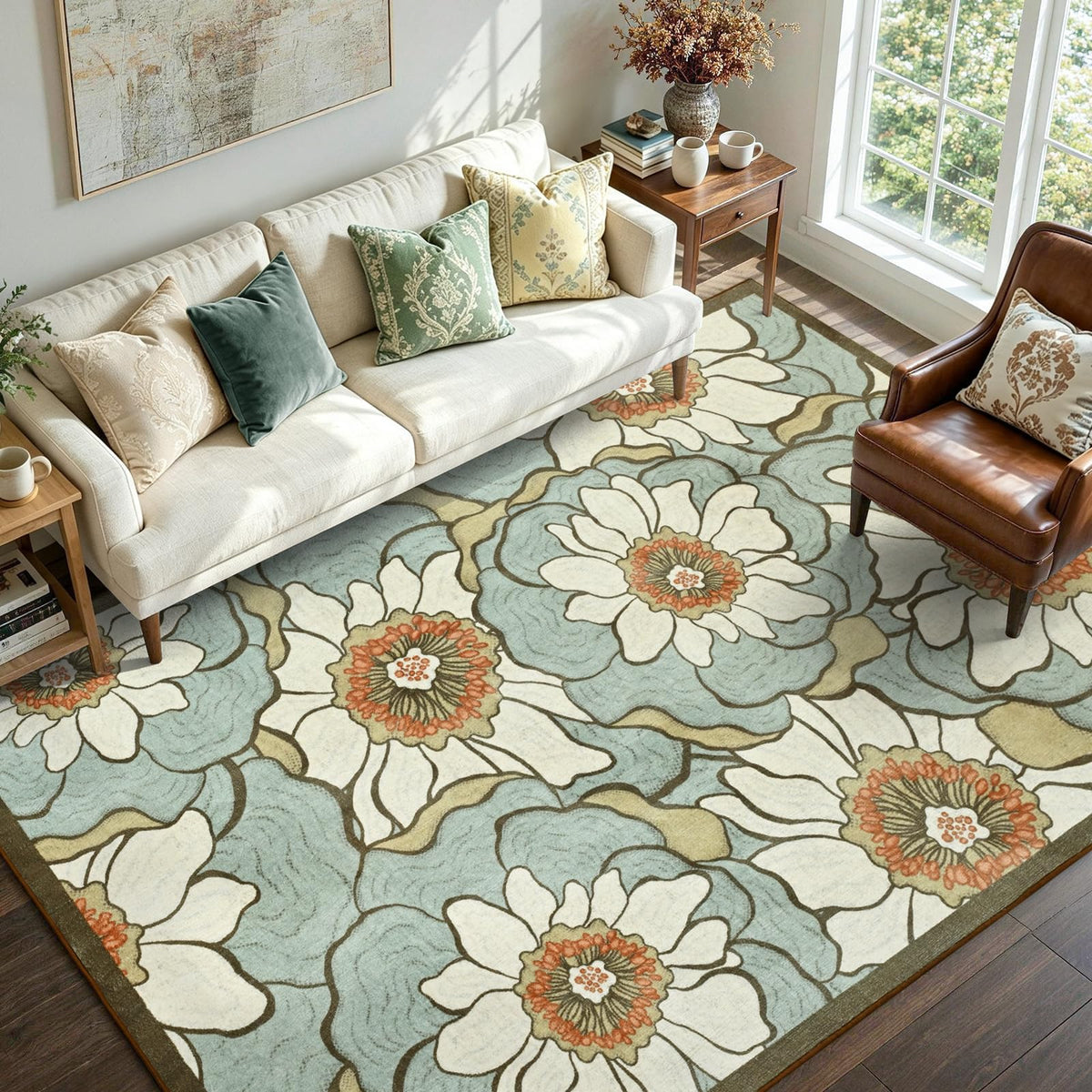 6x9 Ft Abstract Washable Area Rugs for Living Room Blue
