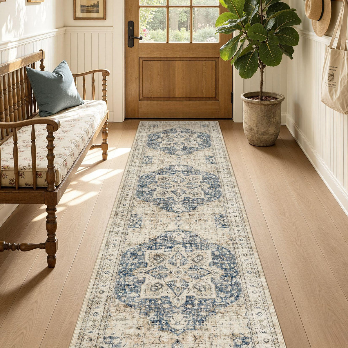 Tortania Area Rug 5x7 Living Room Rug Washable Soft Cream/Blue