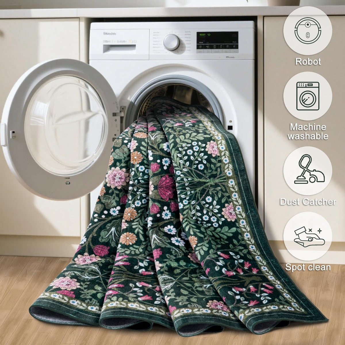 PLHXFR Area Rug Living Room: 5x7 Floral Washable Boho Carpet Dark Green