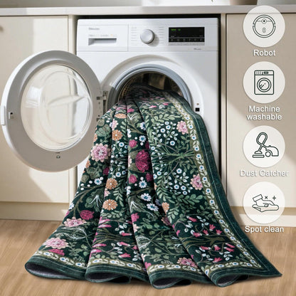 PLHXFR Area Rug Living Room: 5x7 Floral Washable Boho Carpet Dark Green