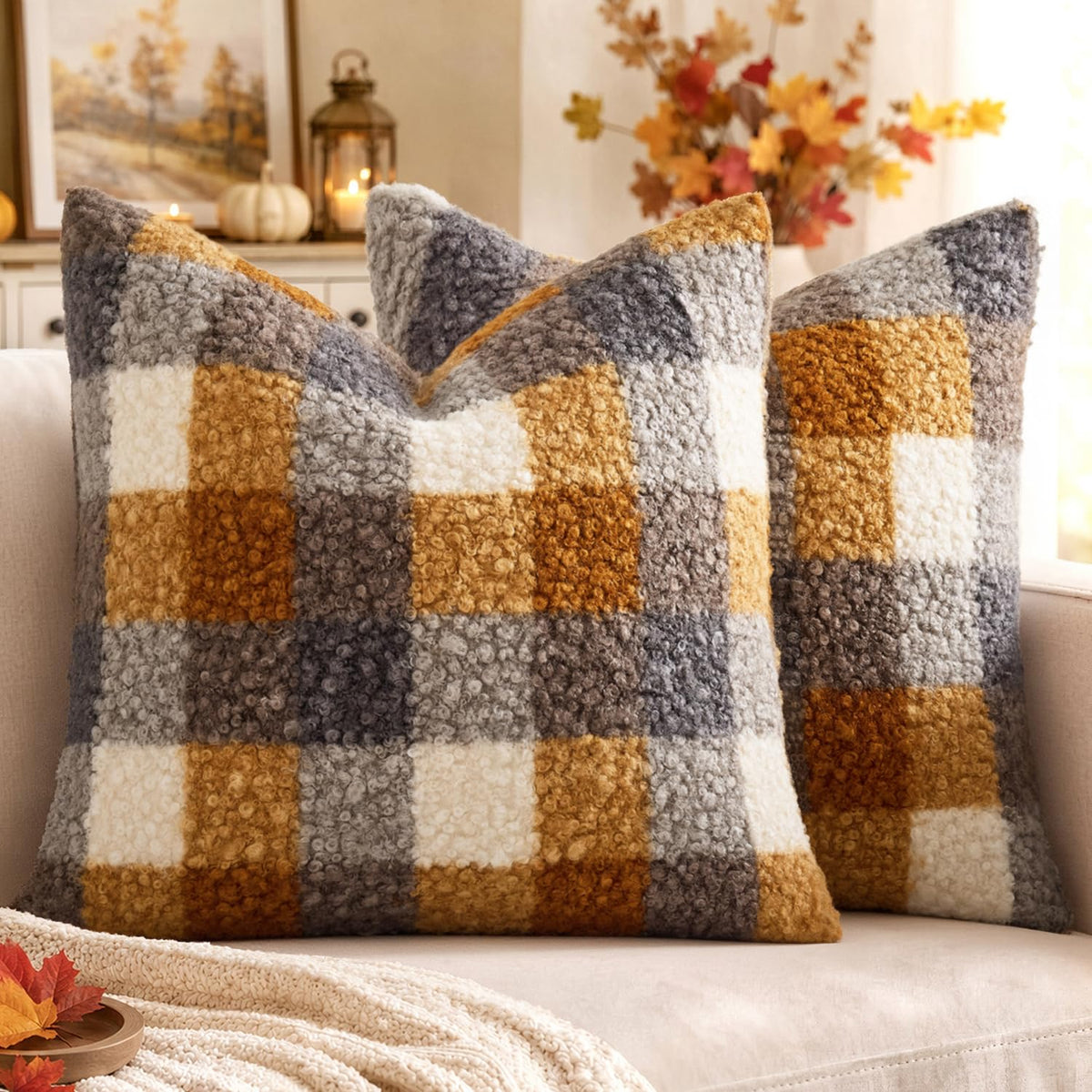 MIULEE Fall Plaid Pillow Covers Boucle Orange 18x18 Set of 2