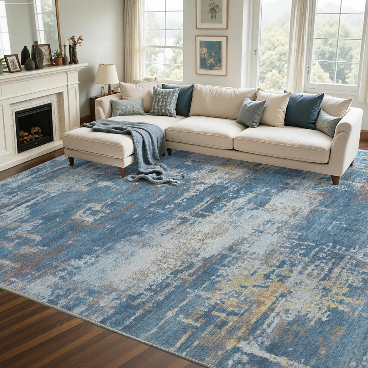6x9 Ft Abstract Washable Area Rugs for Living Room Blue