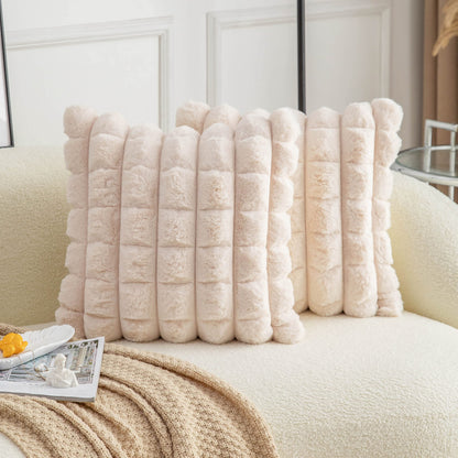 Neelvin Pink Faux Fur Cozy Soft Striped Decorative Throw Pillow Covers 18x18 inch Set of 2,Velvet Pillowcase Cushion Case for Sofa Couch
