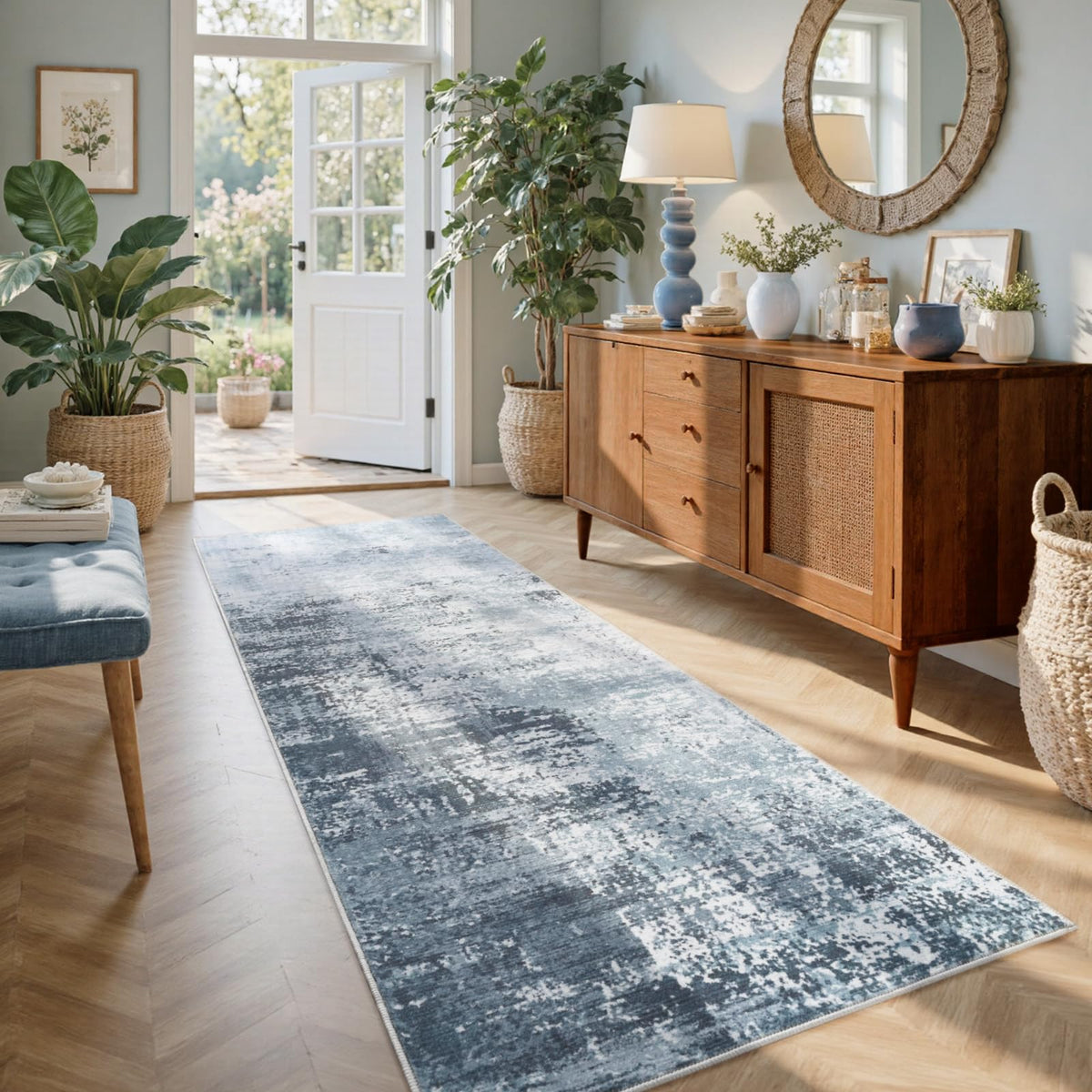 6x9 Ft Abstract Washable Area Rugs for Living Room Blue