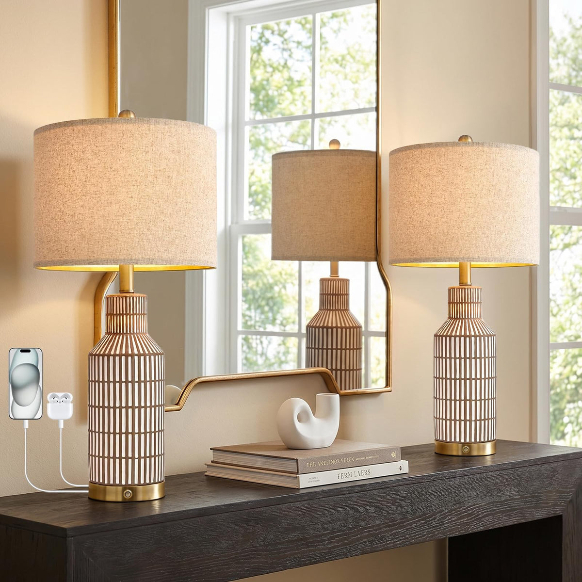 USumkky 25" Modern Ceramic Lamps Single Table Lamp for Living Room Bedroom Farmhouse Nightstand Bedside Lamps