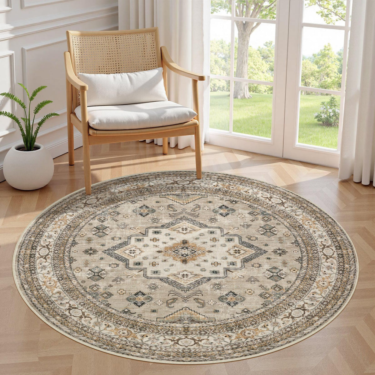 cotiled 5x7 Area Rug for Living Room, Washable, Traditional, Beige