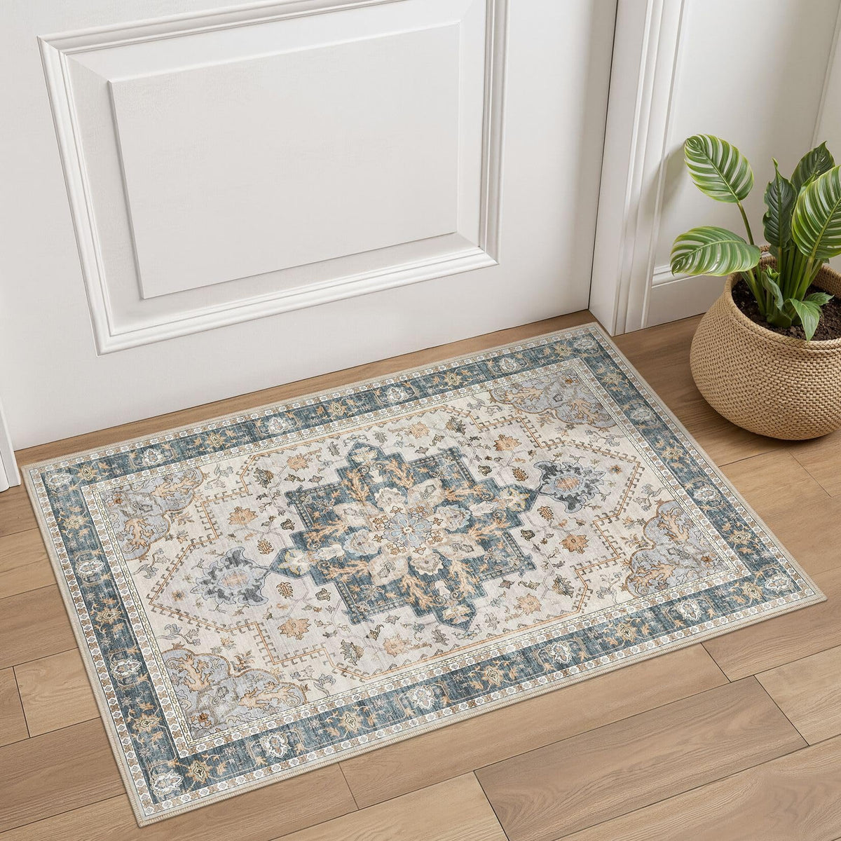 Tortania Area Rug 5x7 Living Room Rug Washable Soft Cream/Blue