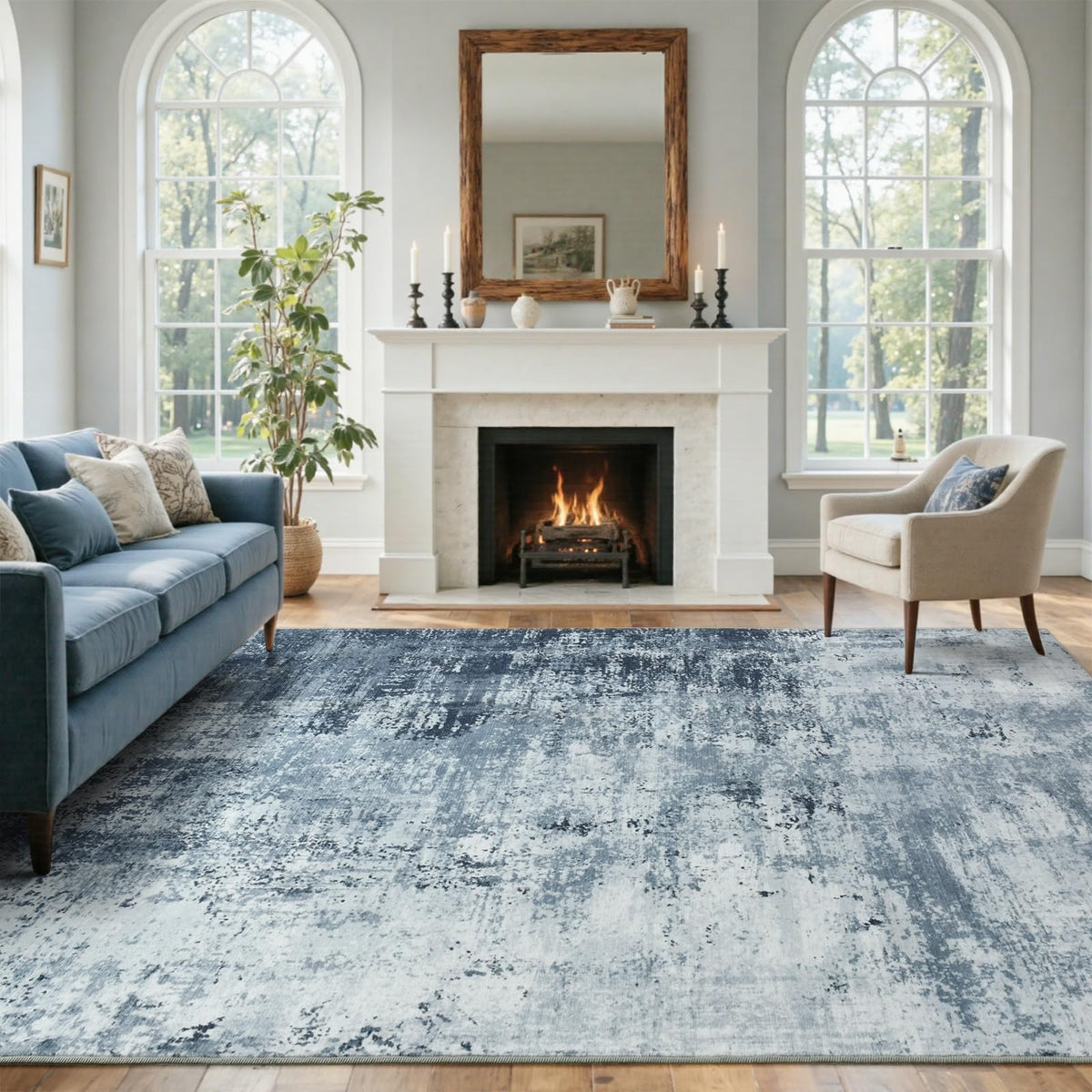 6x9 Ft Abstract Washable Area Rugs for Living Room Blue