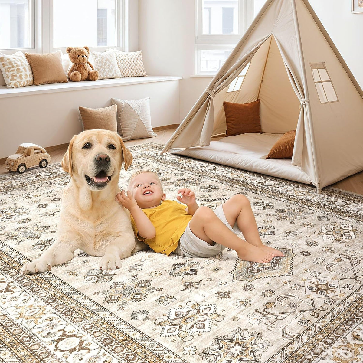 cotiled 5x7 Area Rug for Living Room, Washable, Traditional, Beige