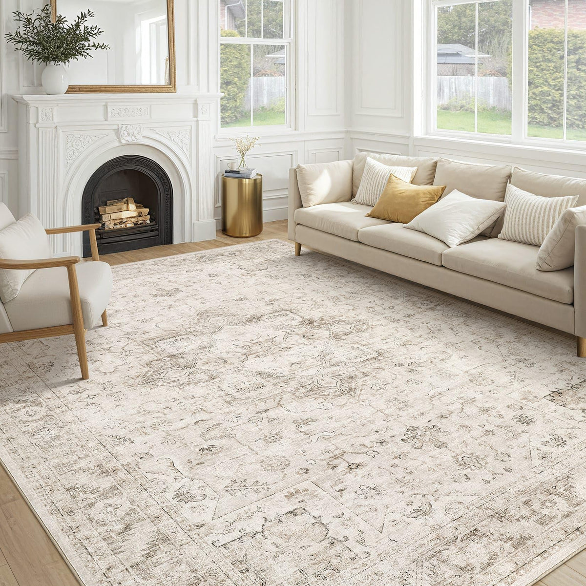 cotiled 5x7 Area Rug for Living Room, Washable, Traditional, Beige