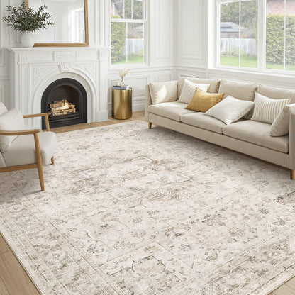 cotiled 5x7 Area Rug for Living Room, Washable, Traditional, Beige
