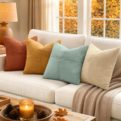 MIULEE Fall Teal Orange Decorative Throw Pillow Covers 18x18 Inch Set of 4 Boho Corduroy Striped Cushion Cases Modern Farmhouse Patchwork Pillow Cases for Couch Sofa Bedroom Home Decor
