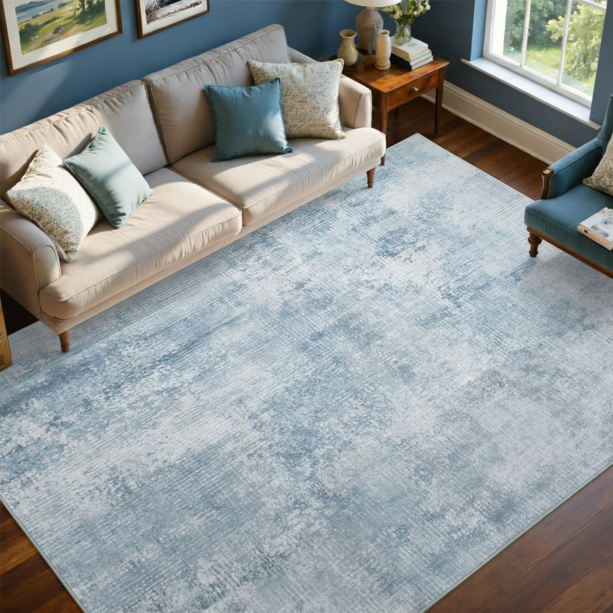 6x9 Ft Abstract Washable Area Rugs for Living Room Blue