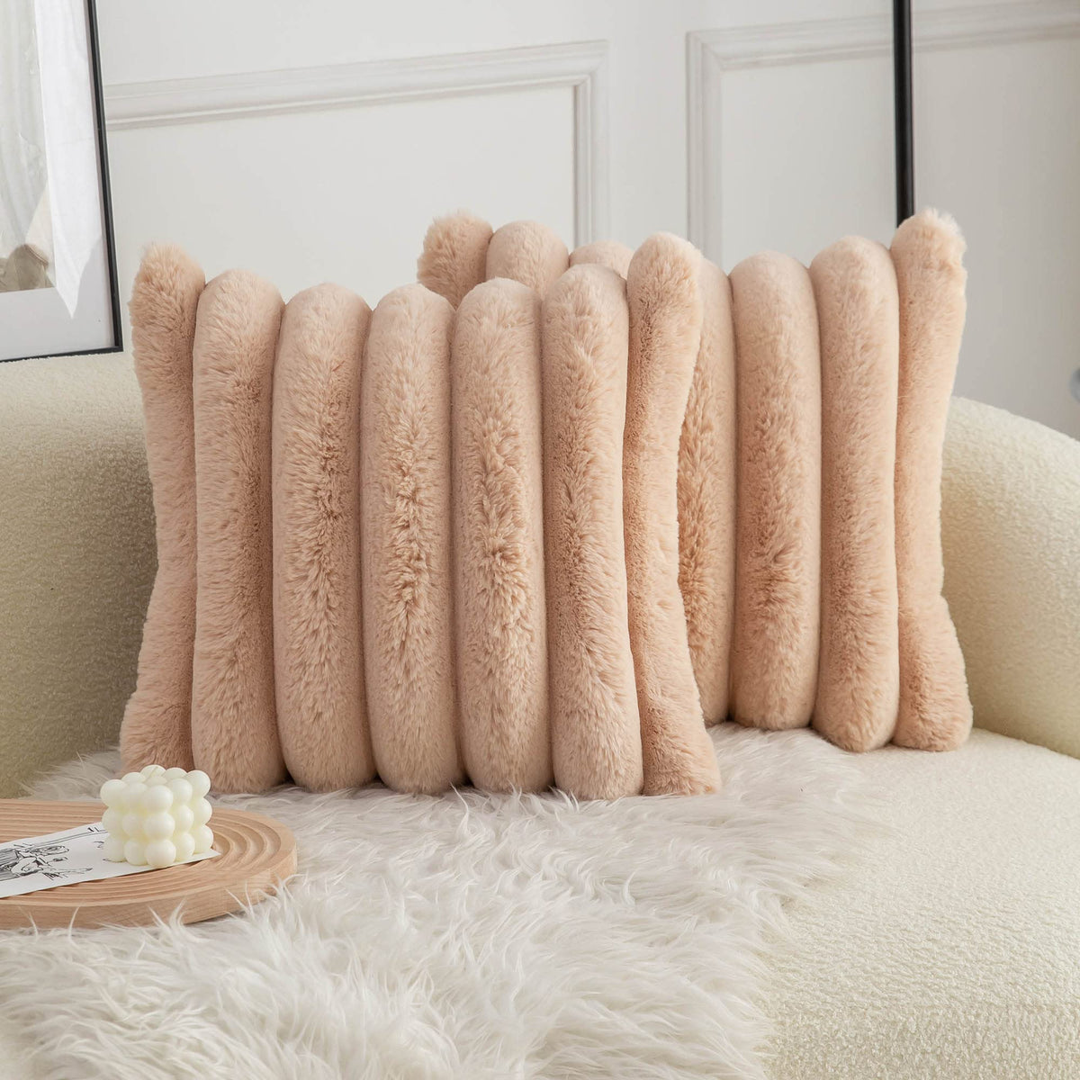 Neelvin Pink Faux Fur Cozy Soft Striped Decorative Throw Pillow Covers 18x18 inch Set of 2,Velvet Pillowcase Cushion Case for Sofa Couch