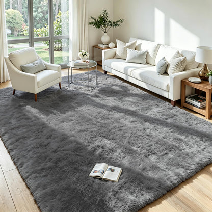 8x10 Fluffy Area Rug for Living Room: Non-Slip Grey Camel Bedroom Carpet