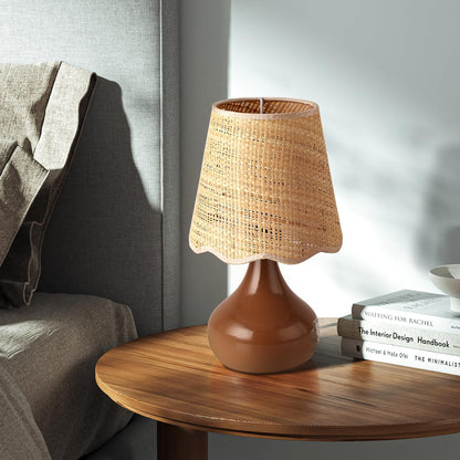 Ziqqeelam Brown Small Bedside Table Lamp for Bedroom, Farmhouse Bedroom Lamps for Nightstand, Rattan Lamp Shade Table Lamps for Small Spaces for Kitchen Counter, Home Office, Living Room, Kids Dorm
