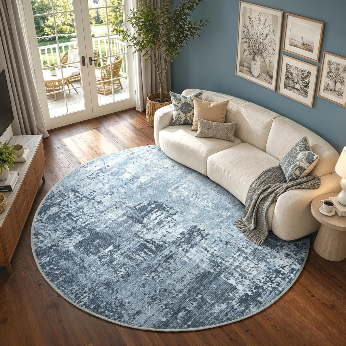 6x9 Ft Abstract Washable Area Rugs for Living Room Blue