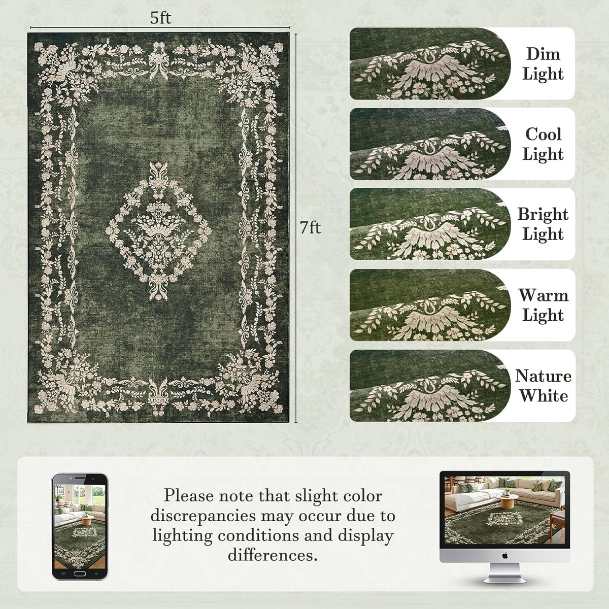 FlyDOIT 5x7 Large Area Rugs for Living Room, Green