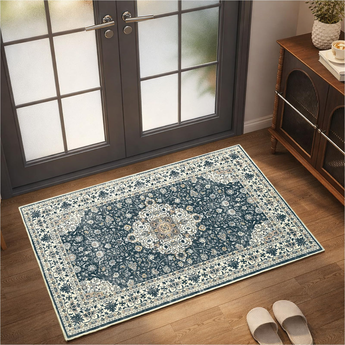 Goideal Washable Rug 4x6, Beige Area Rugs Non Slip, Indoor Low Pile Carpet with Rubber Backing for Living Room Kitchen Bathroom Entryway Office Bedroom