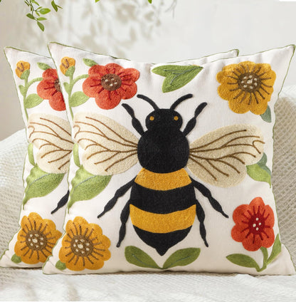 Animal Embroidered Throw Pillow Cover 18x18 Inch, Floral Birds