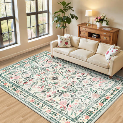 PLHXFR Area Rug Living Room: 5x7 Floral Washable Boho Carpet Dark Green