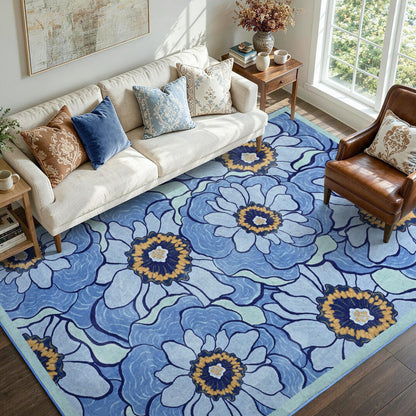 6x9 Ft Abstract Washable Area Rugs for Living Room Blue
