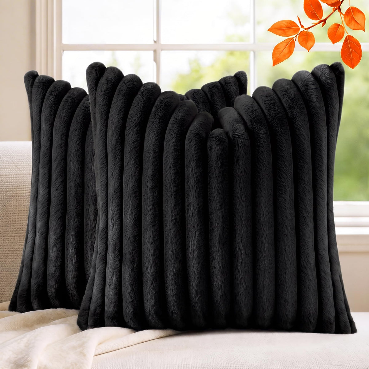 Set of 2 Decorative Throw Pillow Covers 18x18, Faux Fur Cream White