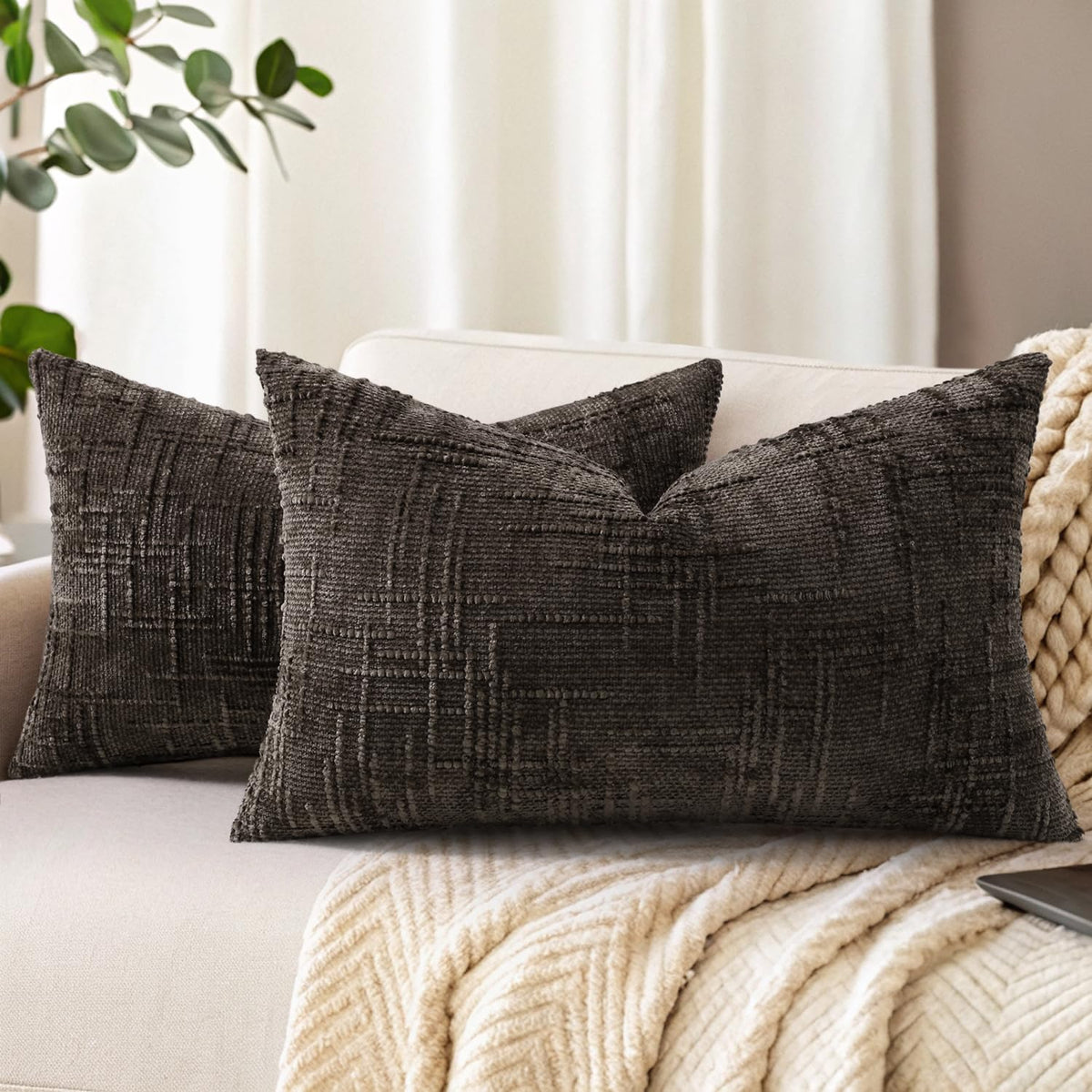 decorUhome Textured Chenille Throw Pillow Covers 18x18 Set of 2 Cream White