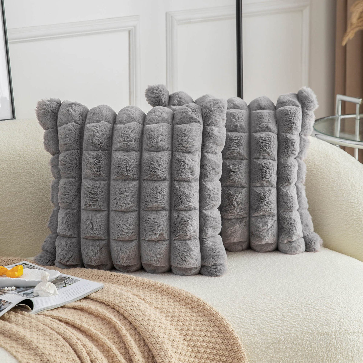 Neelvin Pink Faux Fur Cozy Soft Striped Decorative Throw Pillow Covers 18x18 inch Set of 2,Velvet Pillowcase Cushion Case for Sofa Couch