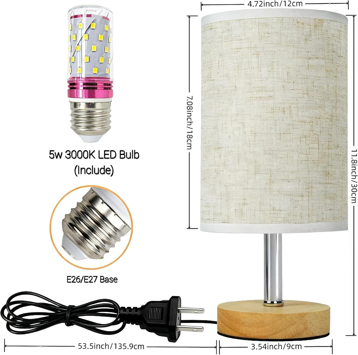 Small Table Lamp for Bedroom, Bedside Lamp with 3000K Warm LED Bulb Included, Nightstand Lamp for Living Room Office Dorm Kids Room, Easy Assemble Minimalist Cream Shade & Wood Base(5W)