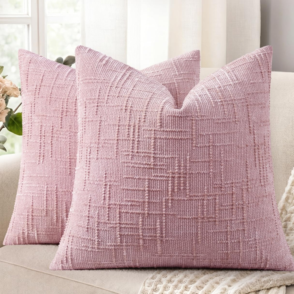 decorUhome Textured Chenille Throw Pillow Covers 18x18 Set of 2 Cream White