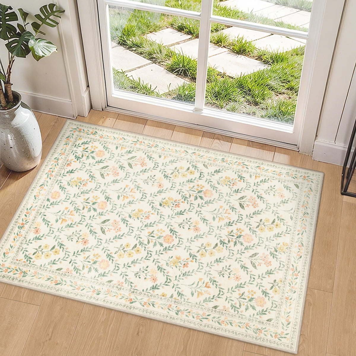 PLHXFR Area Rug Living Room: 5x7 Floral Washable Boho Carpet Dark Green