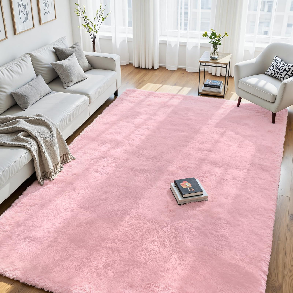 8x10 Fluffy Area Rug for Living Room: Non-Slip Grey Camel Bedroom Carpet