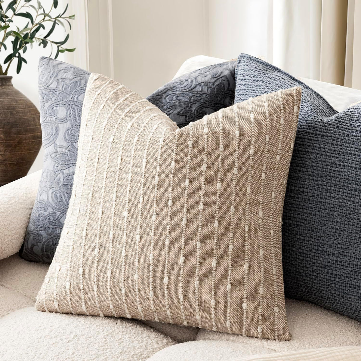 Foindtower Decorative Striped Boucle Throw Pillow Cover 18x18 Natural Beige