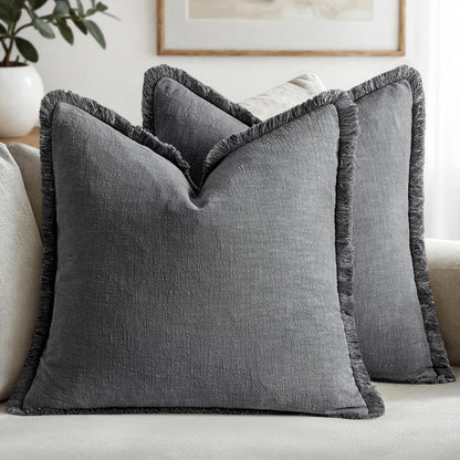 MIULEE Linen Fringe Decorative Throw Pillow Covers Natural Beige 20x20