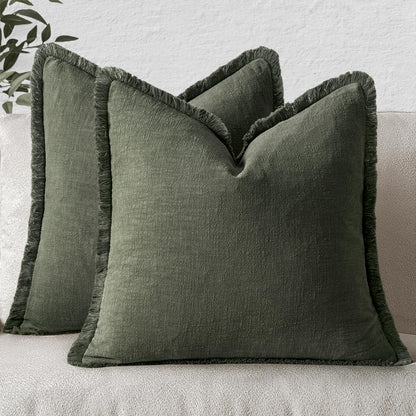 MIULEE Linen Fringe Decorative Throw Pillow Covers Natural Beige 20x20