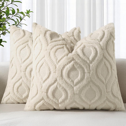 decorUhome Faux Fur Plush Soft Beige Throw Pillow Covers 18x18 Set of 2