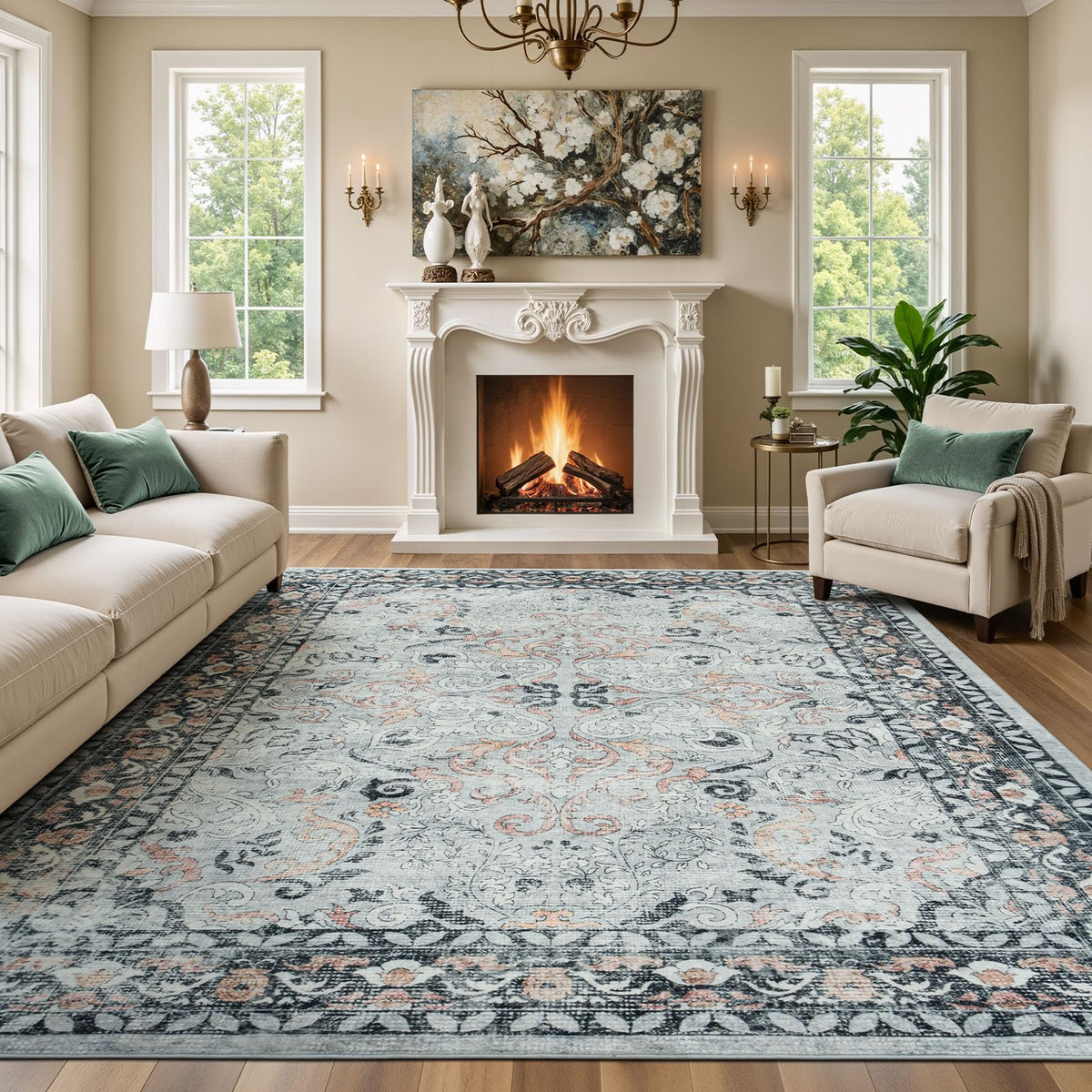 8x10 Area Rugs for Living Room Green Washable Non-Slip Large Carpet